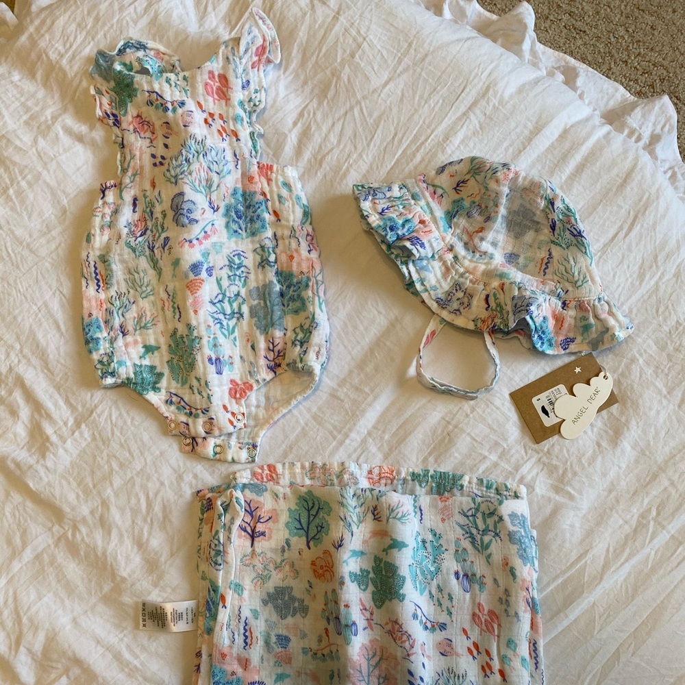 Angel Dear onesie, bonnet, swaddle